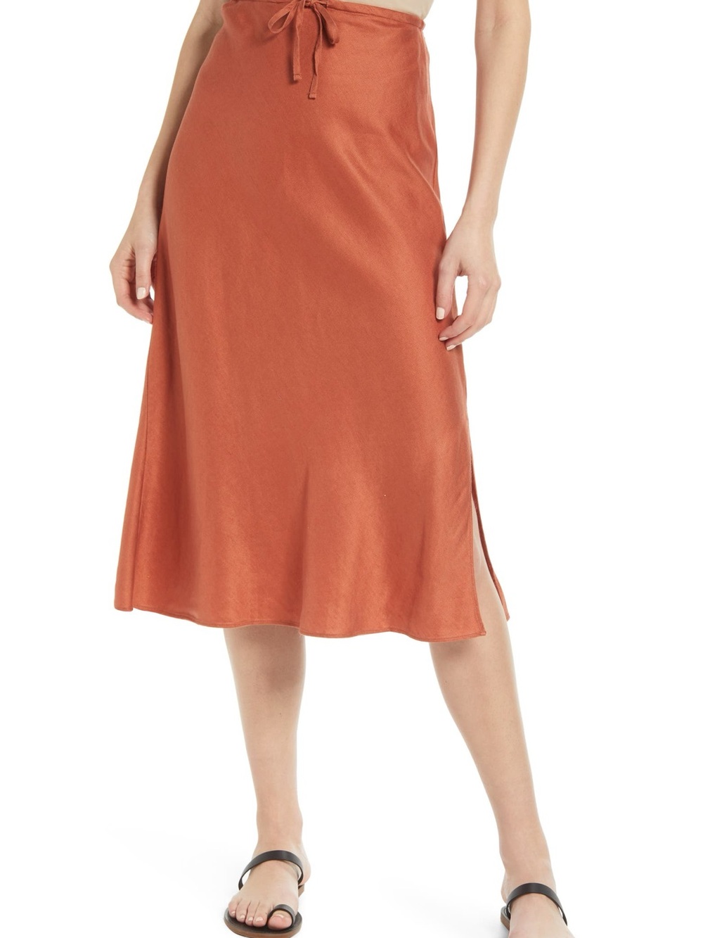 Madewell- A-Line Linen Blend Drawstring Midi Slip Skirt in Burnt Orange Size(0)